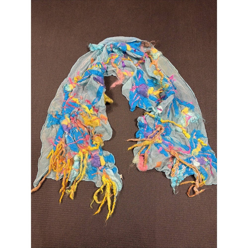 Rare Habotai Felted Silk Scarf Blue Teal Tie Dye Boho Lagenlook Artsy
